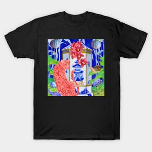 Pink panther and snail in chinoiserie garden T-Shirt